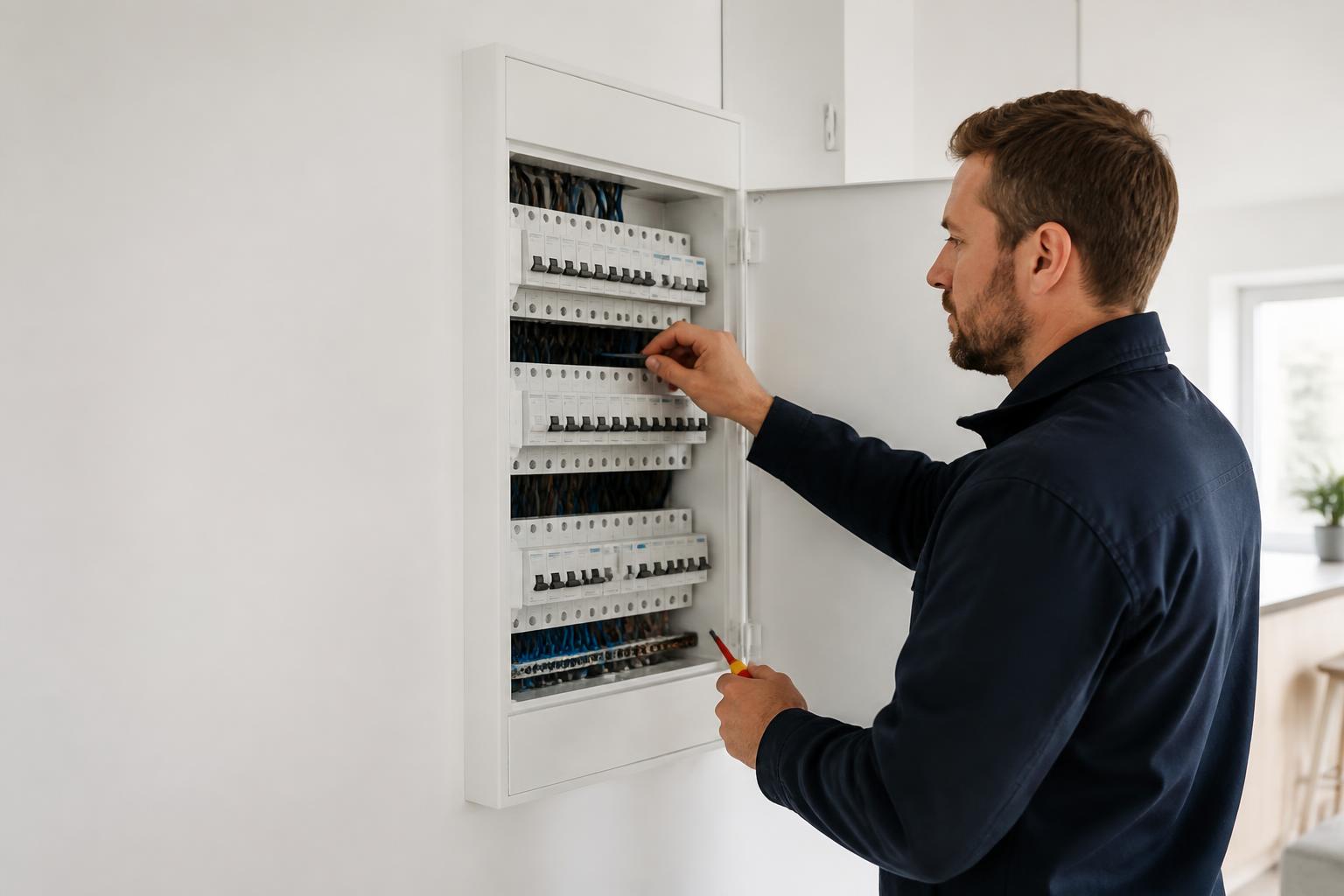 Elektriker som arbetar vid en modern elcentral i en ljus bostad