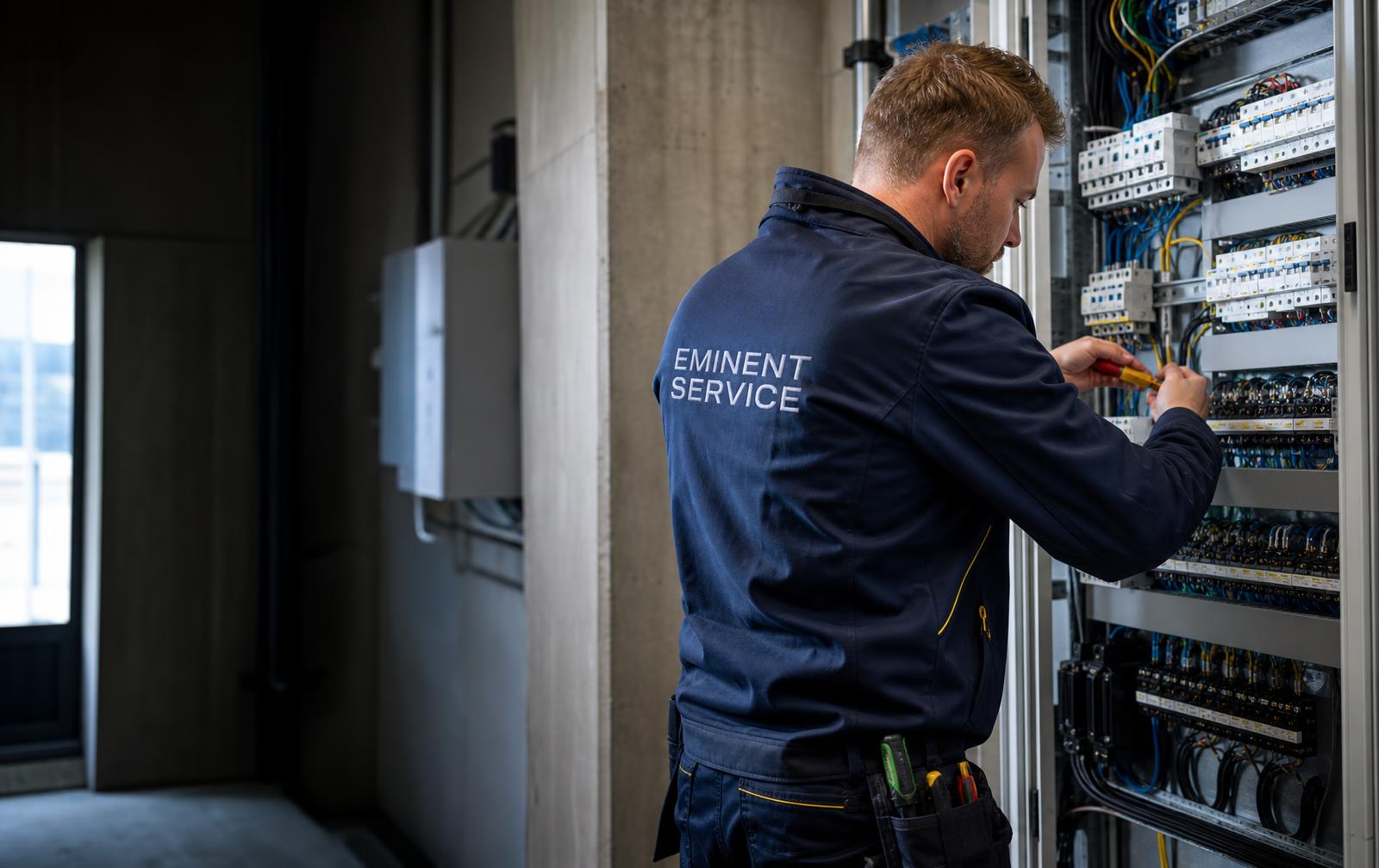 Elektriker från Eminent Service arbetar vid en elcentral
